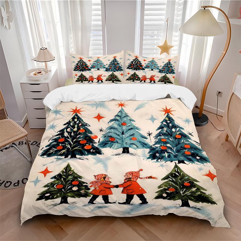 3pcs Christmas Tree in the Snow Bedding Set, 1 Soft Quilt Cover + 2 Pillowcases, Machine Washable, Suitable for All Seasons