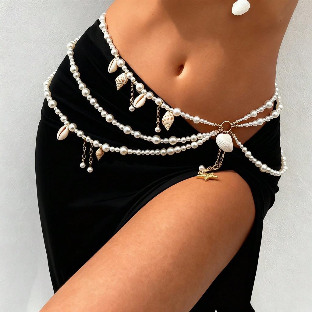 2pcs Bohemian Style Ocean Series Shell & Starfish Beaded Waist Chain For Women