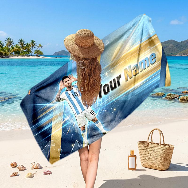 Lionel Messi Individuelles Strandtuch, Personalisierter Name Textdruck, Fußball Logo Weiches Schnelltrocknendes Handtuch Urlaubsgeschenk