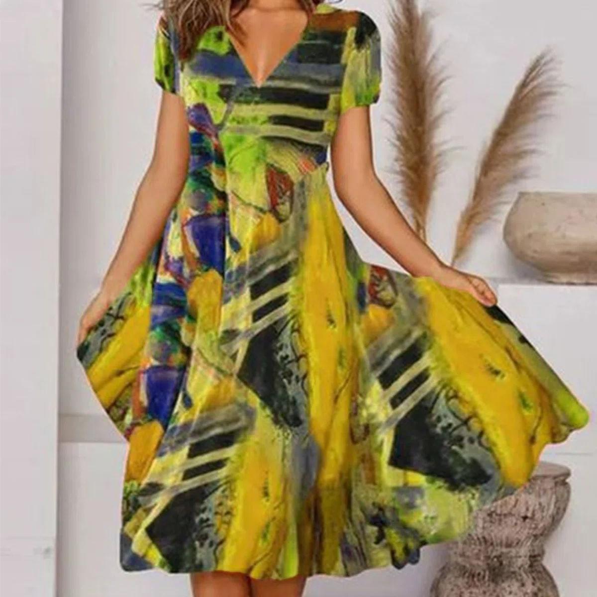 Летнее платье QICED, повседневное богемное платье с v-образным вырезом и короткими рукавами S жёлтый