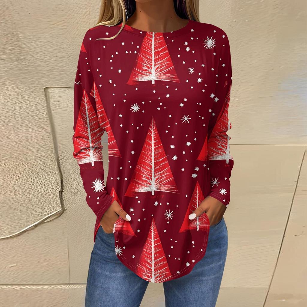 3D Gradient Color Christmas Tree Print Round Neck Long-sleeved T-shirt Casual Long-sleeved Top