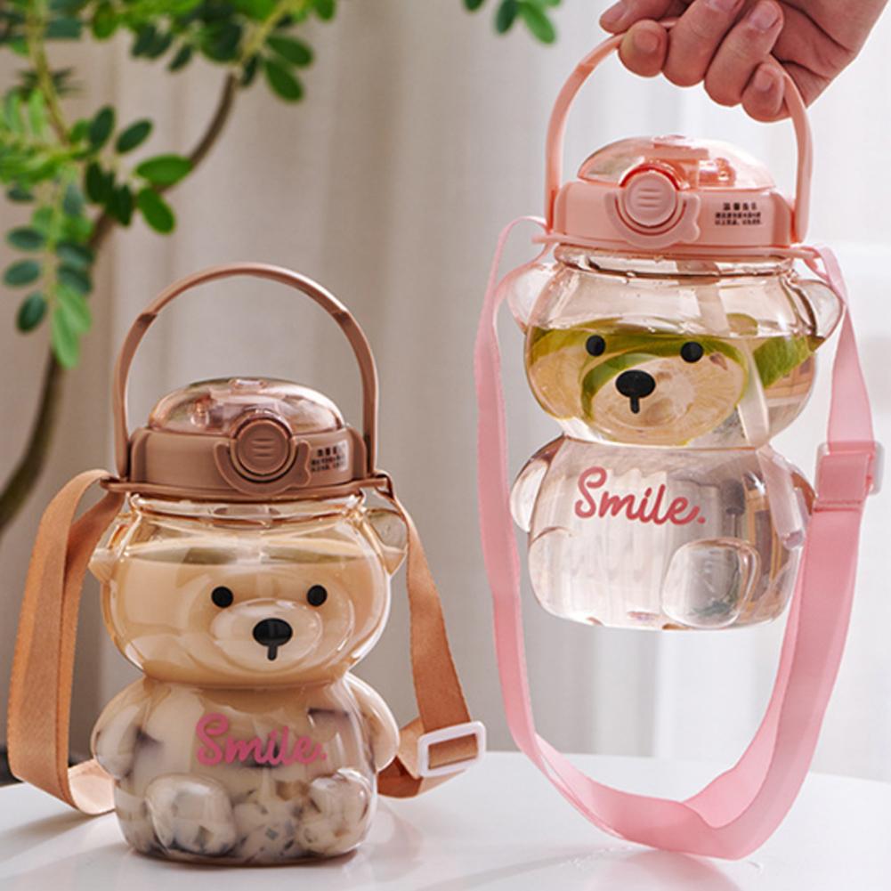 1000ml Capacitate Mare Urs Desene Animate Plastic Cană cu Pai Portabilă pentru Copii Rucsac Cazan Sticlă de Apă Cană cu Pai Cupă pentru Fată