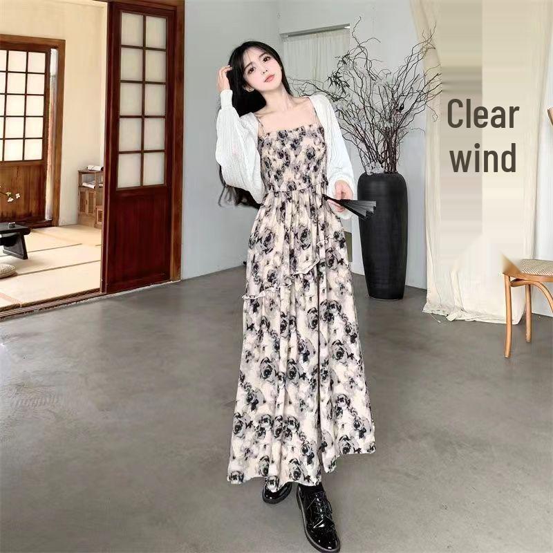 Plus Size French Floral Camisole Dress with Cardigan, Slimming Summer Long Dress for 2026
