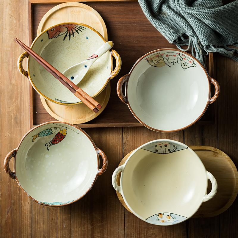 Japanese ceramic double ear stone pot bowl ramen home restaurant tableware bowl