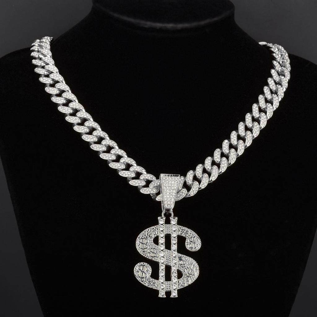 Men's Cuban Chain with Rhinestone Dollar Pendant - Trendy Punk Hip-Hop Necklace