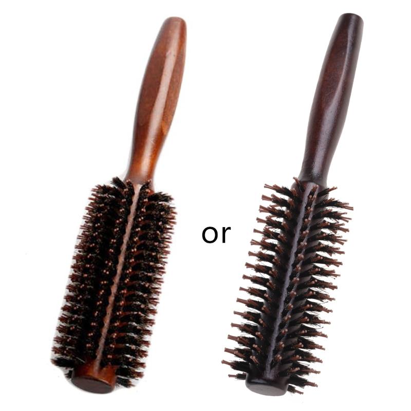 Boar Bristle Round Styling Hair Brush Comb Blow Dryer Curling Roll Massage Hairbrush with Wooden Handle for Women Men