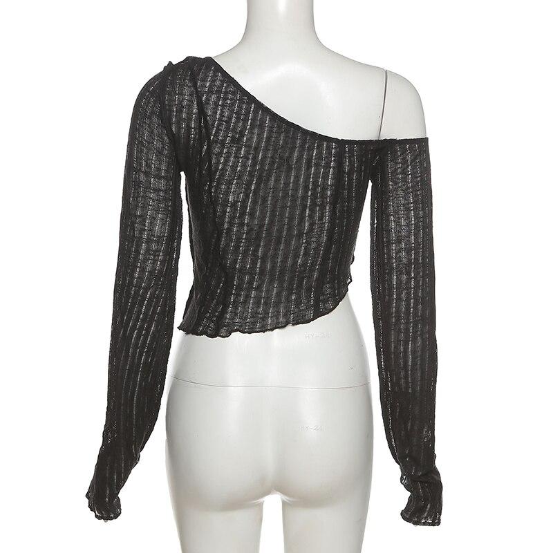 Y2K Fairy Grunge Transparent T-shirt Long Sleeve Off Shoulder Split Crop Top Sexy Women Wave Frill Asymmetric Tees Streetwear