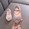 Spring-summer small/medium/large Korean-style girls' princess peep-toe rhinestone bowknot mesh flat shoes, leather shoes, performance dance shoes
