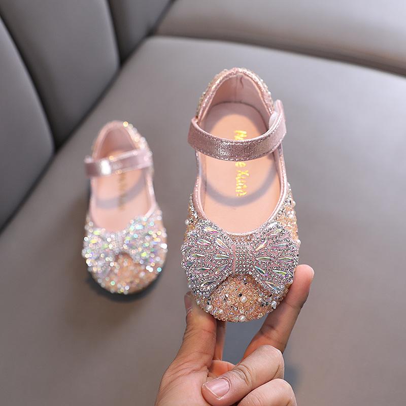 Spring-summer small/medium/large Korean-style girls' princess peep-toe rhinestone bowknot mesh flat shoes, leather shoes, performance dance shoes