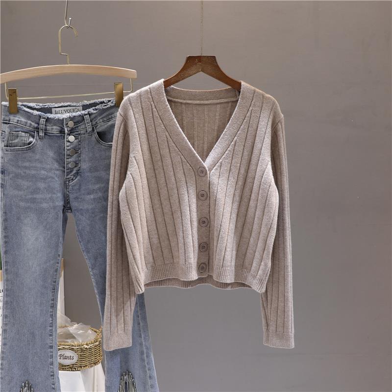 Spring and Autumn Short Outfit Loose Long Sleeve V-neck Sweater Knitted Sweater Thin Cardigan Coat Women's Top