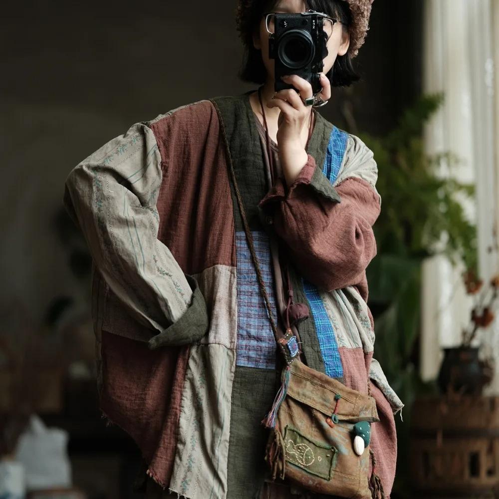 Johnature Damen Vintage Patchwork Farbe Hemden Langarm Locker Blusen Herbst Chinesischer Stil Hemden