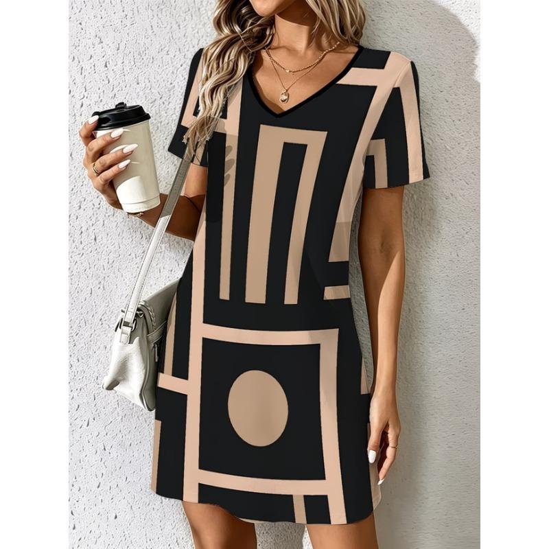 Fashionable Women's Summer Dress Colorful Geometric Plaid Print V-Neck Short Sleeve Casual Dress