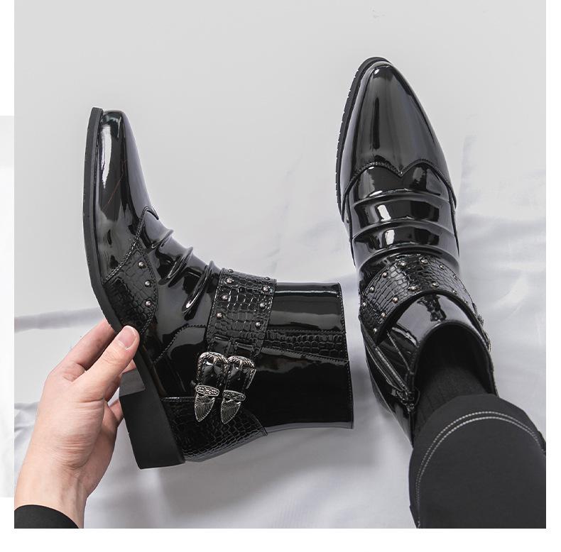 Men's Autumn Shiny Pointed Toe High-Top Chelsea Leather Boots - British Style, Formal or Casual.