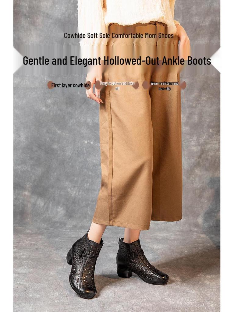 2025 Women’s Ethnic Style Ankle Boots, Top Layer Cowhide, Spring/Summer Sandals, Medium Thick Heel, Hollowed Out Design