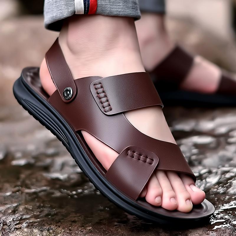 Men Brown Flats Slippers Summer Outdoor Wide Head Hiking Sandals Retro Black Leather Open Toe Beach Shoes Plus Size
