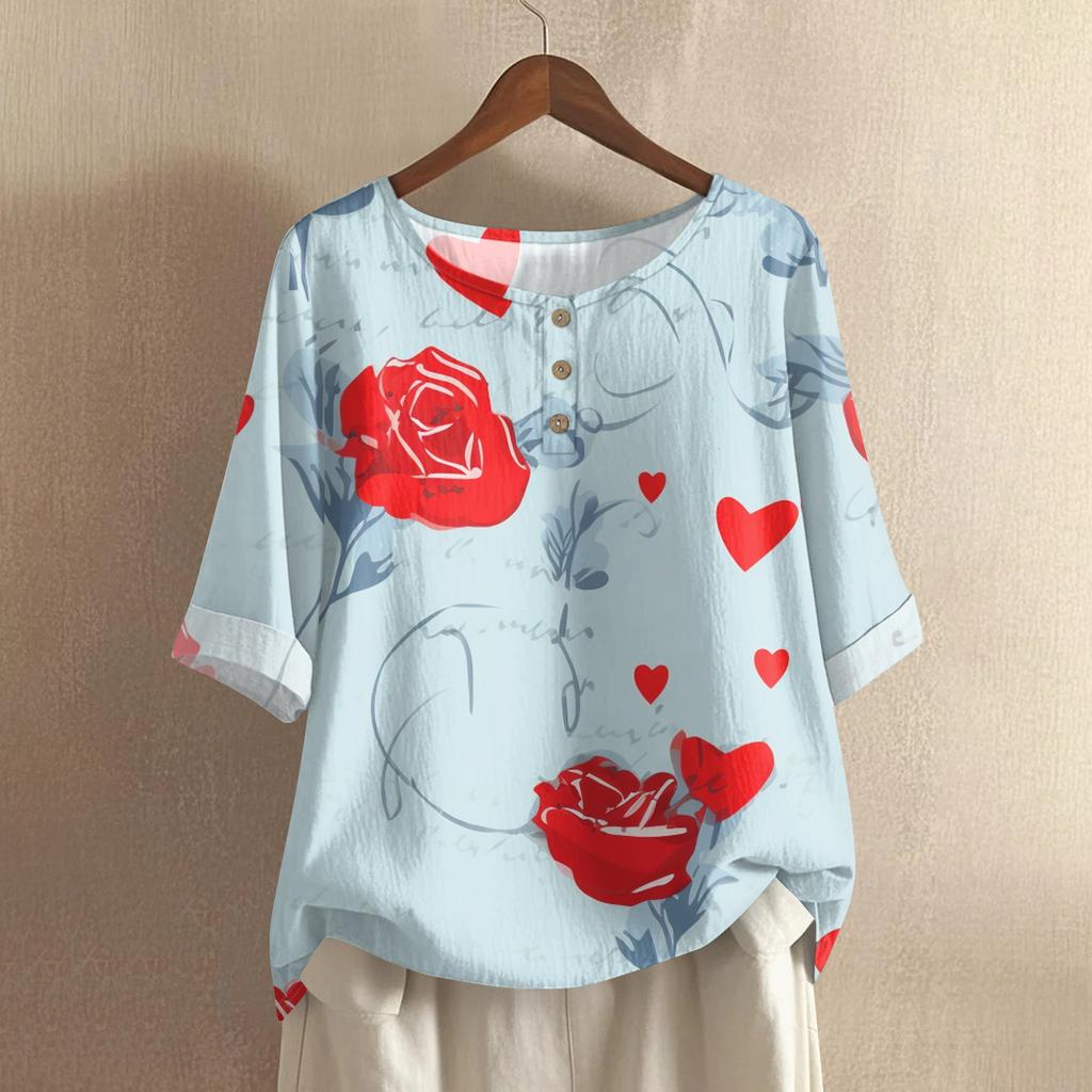 Damska koszulka z nadrukiem na Walentynki, casualowa, z krótkim rękawem, okrągłym dekoltem, z bawełny i lnu