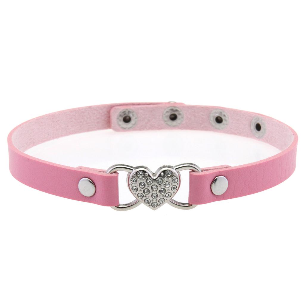 Rhinestone Heart Leather Choker, Minimal Elegant Sparkly Heart Clavicle Necklace