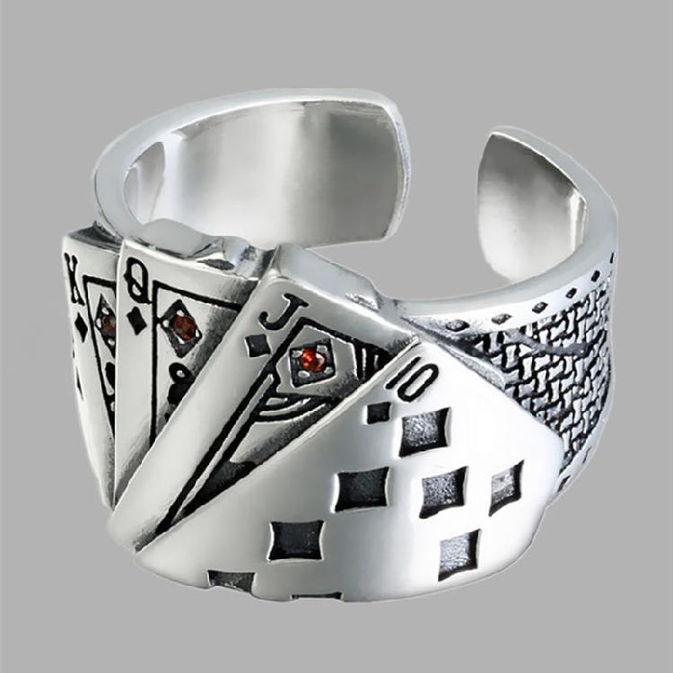Hip Hop Fashion Exaggerated Cool Opening Ring Playing Card Crystal Rings for Men