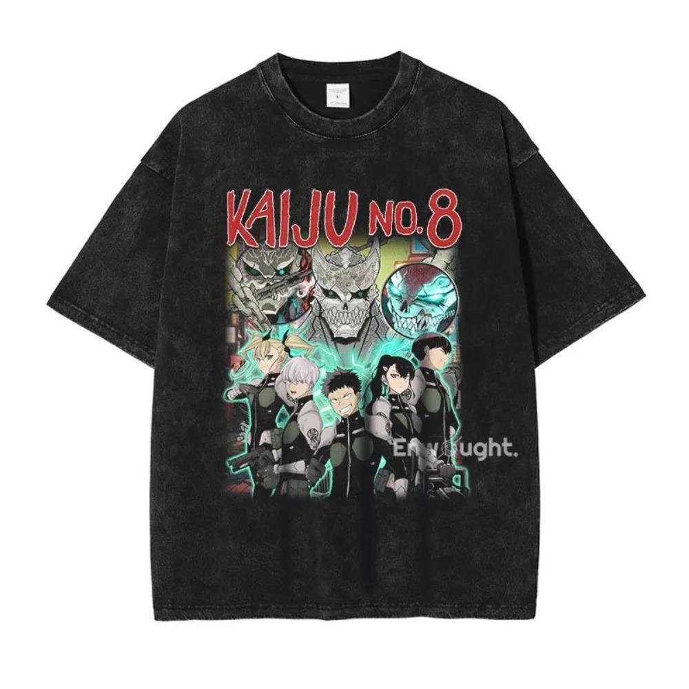 Кайдзю Нет. 8 Главных Героев и Кайдзю Винтажная Стирка Оверсайз Футболка | Научно-фантастическая Аниме Уличная Одежда Футболка L