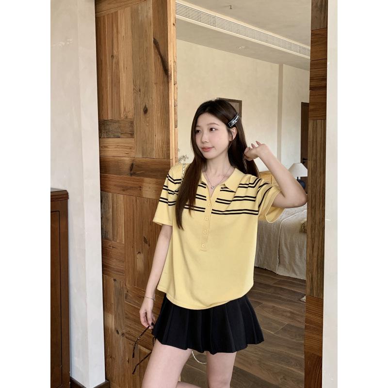 2026 Plus Size Striped Polo Neck Knit Top - Slimming & Flattering Short Sleeve M