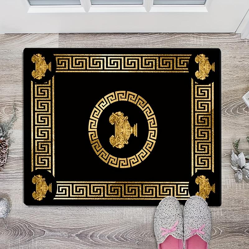 Ethnic Style Flannel Carpet Black Golden Accents Backing Lightweight Washable Rug Rectangle for Entryway Bedroom Living Room Mat