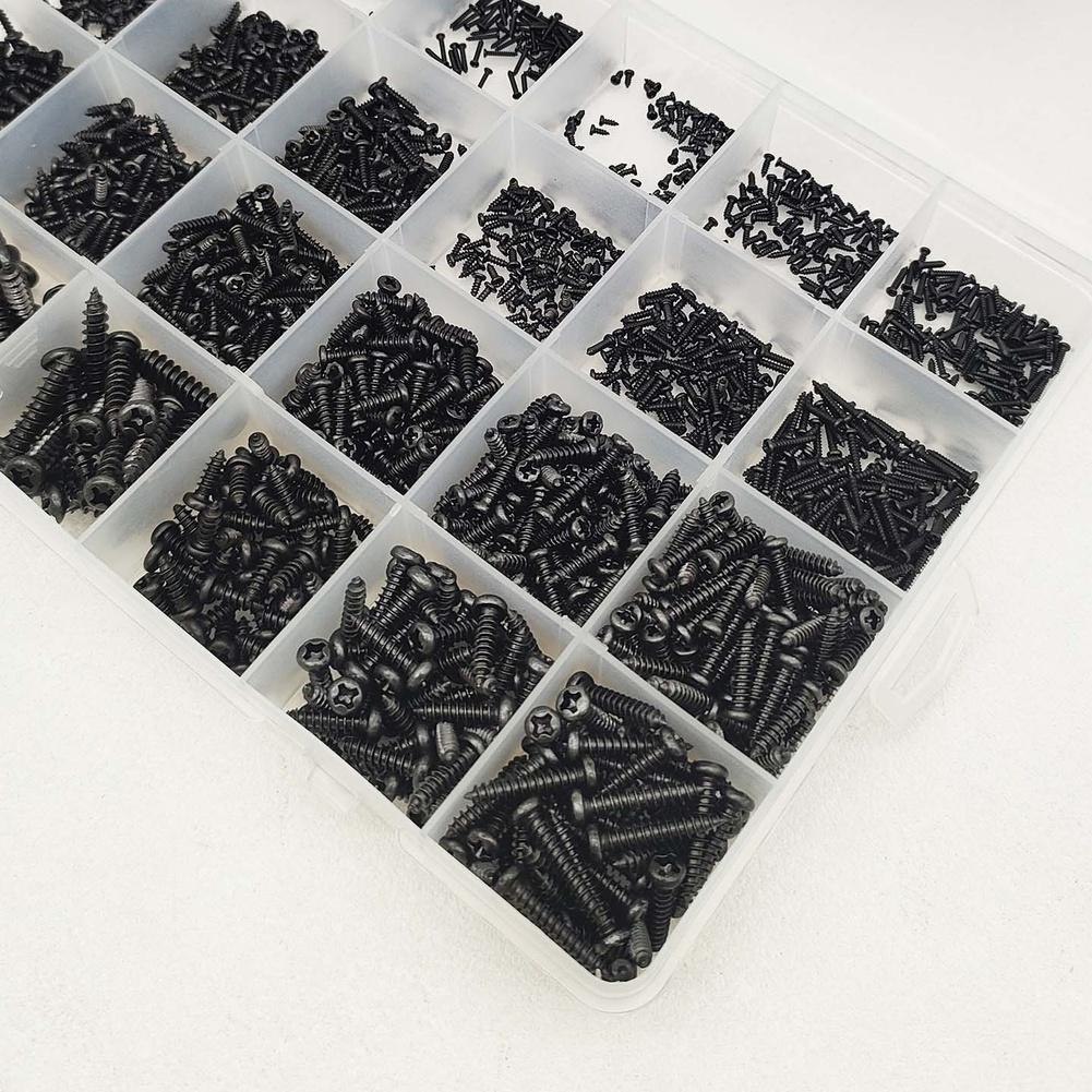 2010pcs Boxed Black Round Head 1MM‑4MM Mixed Sizes Assortment Kit Self-Tapping Screw Pan Head Wood Screw Set Assortment Kit