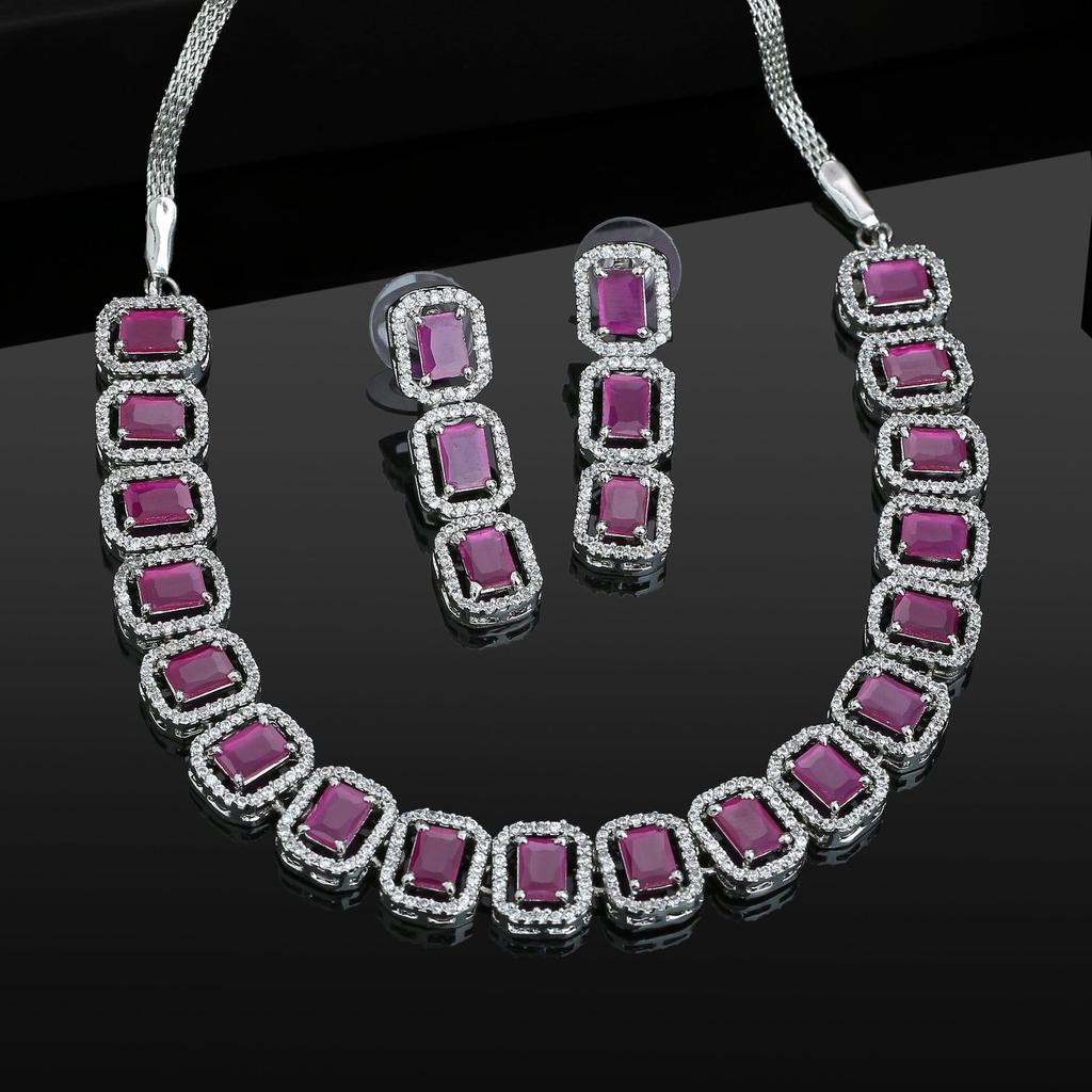 Estele Octagonal Necklace Set with Rhodium Plated CZ Ossum and Ruby Stones for Women