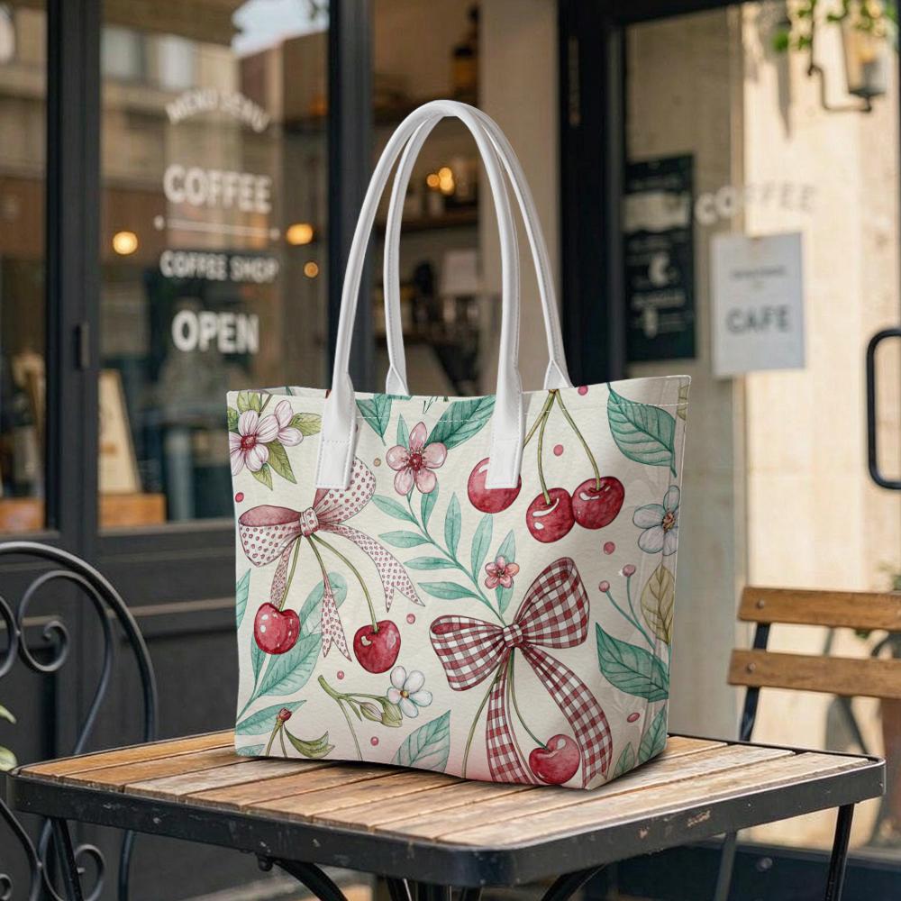 Sweet Cherry Bow Print Tote Bag Casual Large Capacity Daily Shoulder Bag for Women