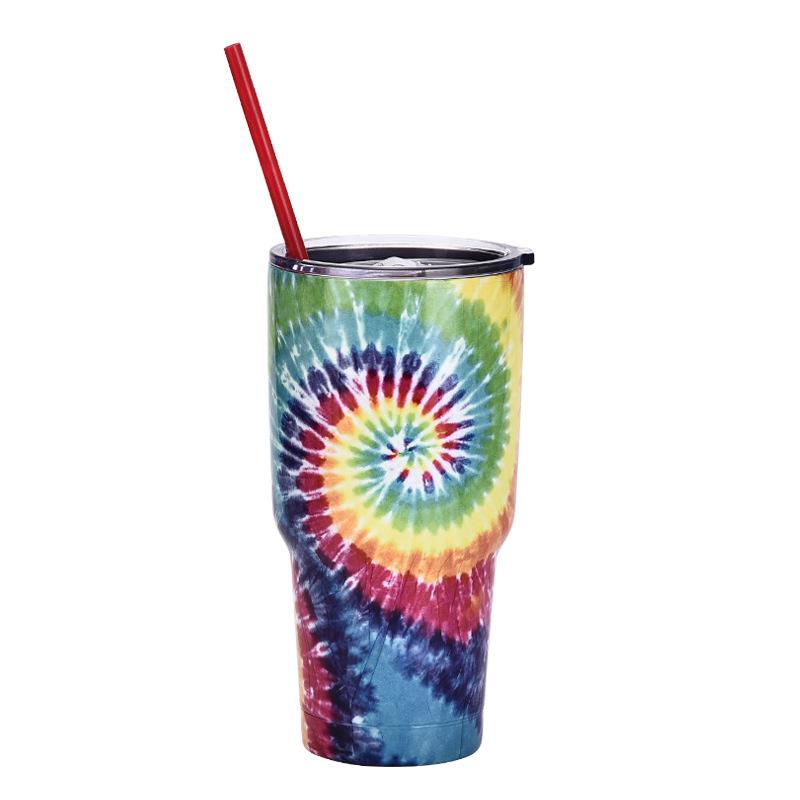 

30Oz Tie-Dye Bingba Cup Large-Capacity Stainless Steel Outdoor Coffee Cup, Creative Straw Water Cup 30oz