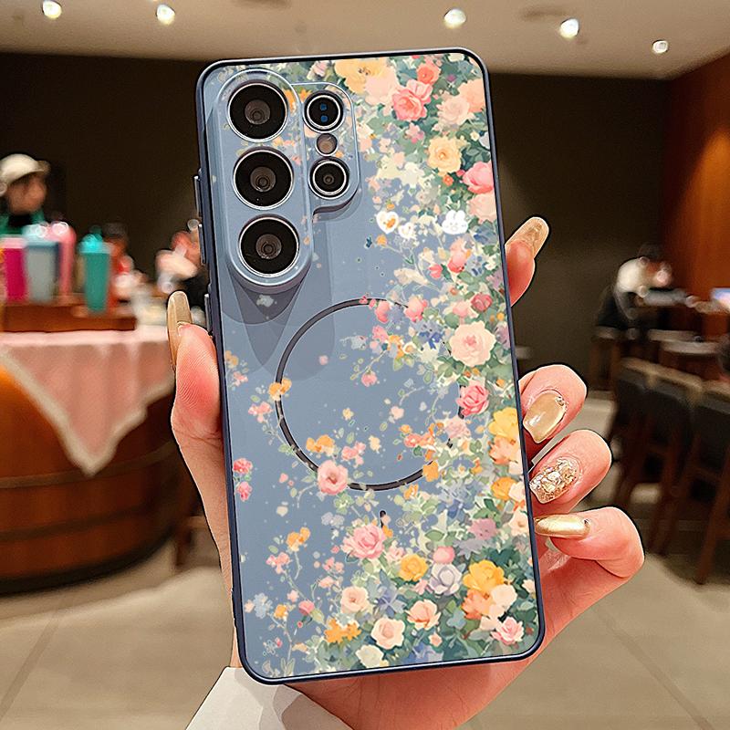 Magnetic For Magsafe Case For Samsung Galaxy S26 Ultra S25 Edge S24 Plus S23 FE S22 A54 A55 A56 5G Flower Garden Pattern Matte Cover