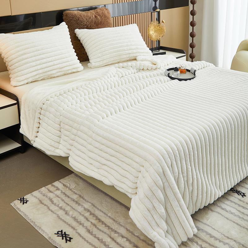 Solid Colour Three-dimensional Stripes Drawstring Rabbit Hair Cover Blanket Winter Soft Warm Double Layer Thickening Cover Blanket