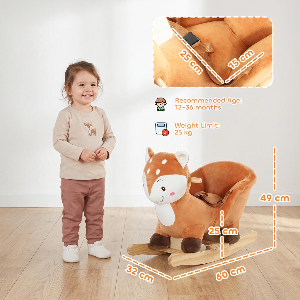 Rocking Horse, Ride on Horse Deer Design with Sounds, Security Belt, Rocking Stopper, for Toddlers 1-3 Years, Brown