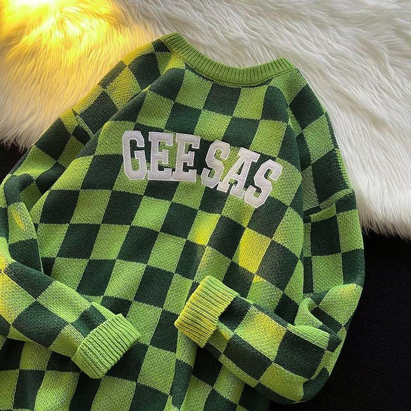 

Уличный свитер мужской ретро клетчатый свитер в клетку хип-хоп осень новый O-образный вырез свободный размер пара повседневные свитера мужские XXL зелёный