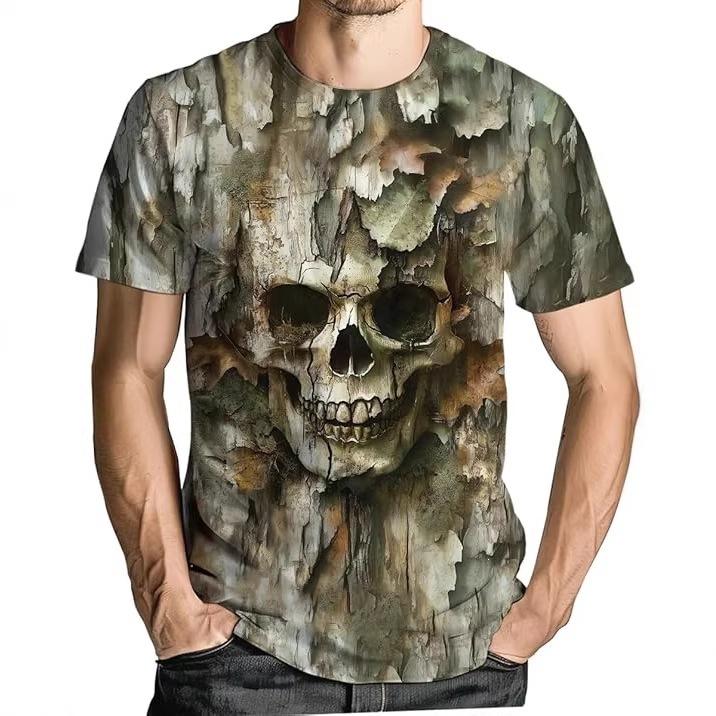 Edgy Skull Camo Print Short Sleeve T-Shirt, Trendy Tee
