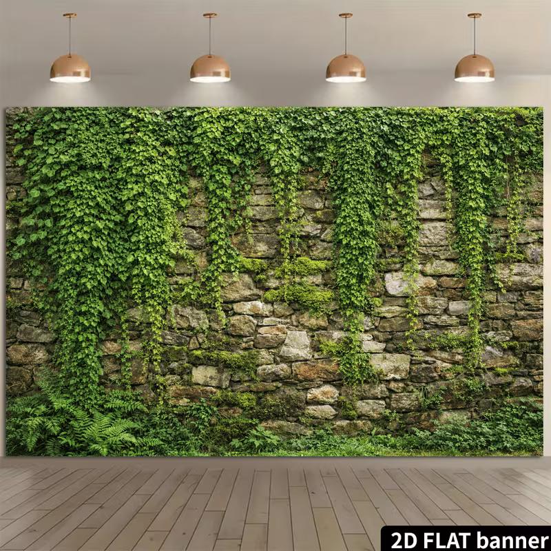 Natural Rustic Cobblestone Wall Lush Greenery Photo Background
