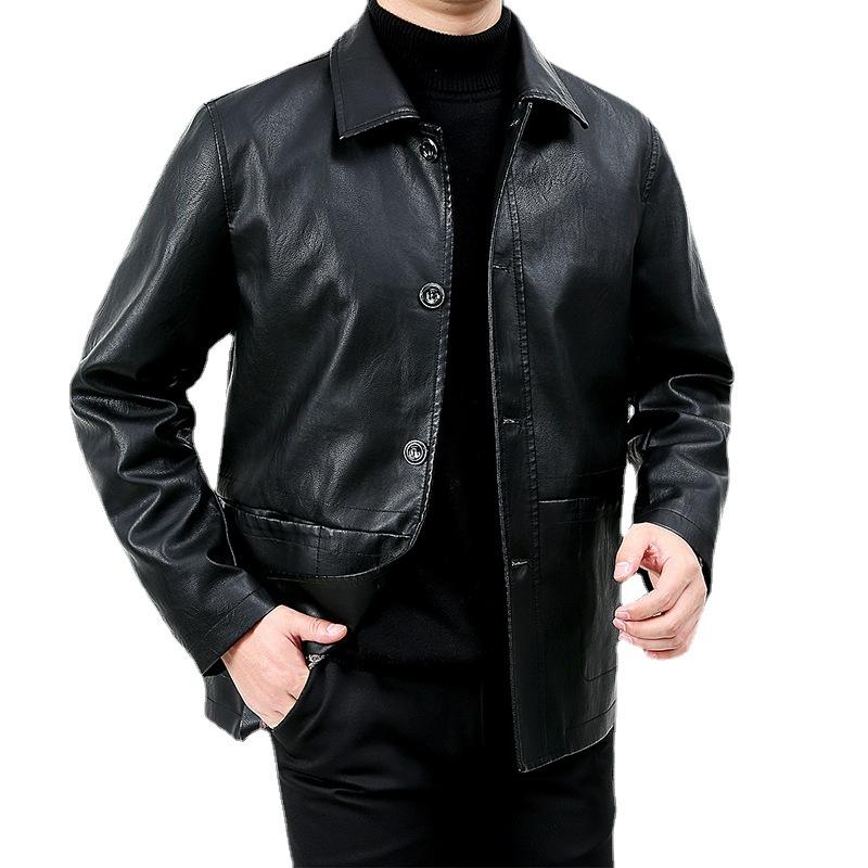 Herbst und Winter Neue Mittelgrüne Leder Herrenjacke Mittellang Revers Papa-Kleidung Business Casual Frühling und Herbst Jacke
