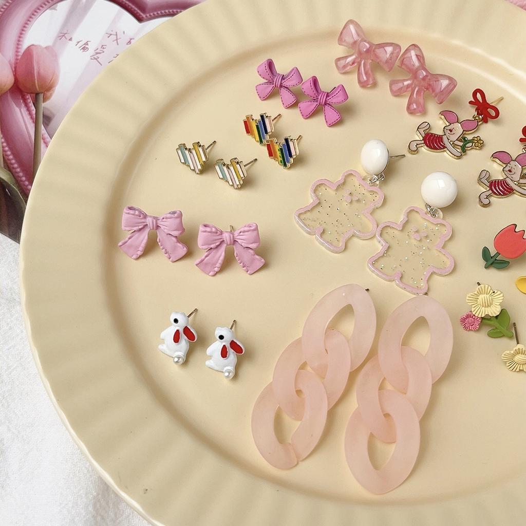 Fresh And Sweet Cute Piggy Bow Flower Bear Stud Earrings Female Soft Girl Temperament Versatile Stud Earrings Pendant