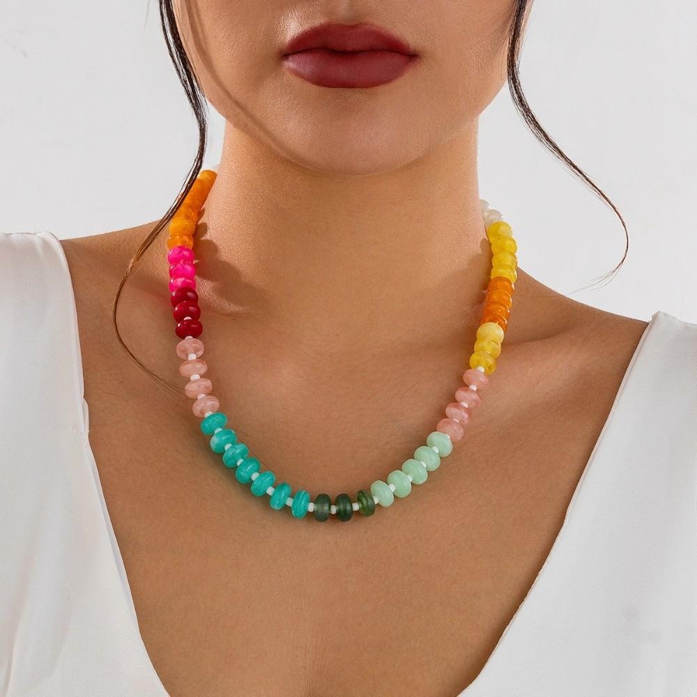 Handmade Colorful Beads Choker Necklace Acrylic Y2K Neck Jewelry Rainbow Clavicle Chain  for Women
