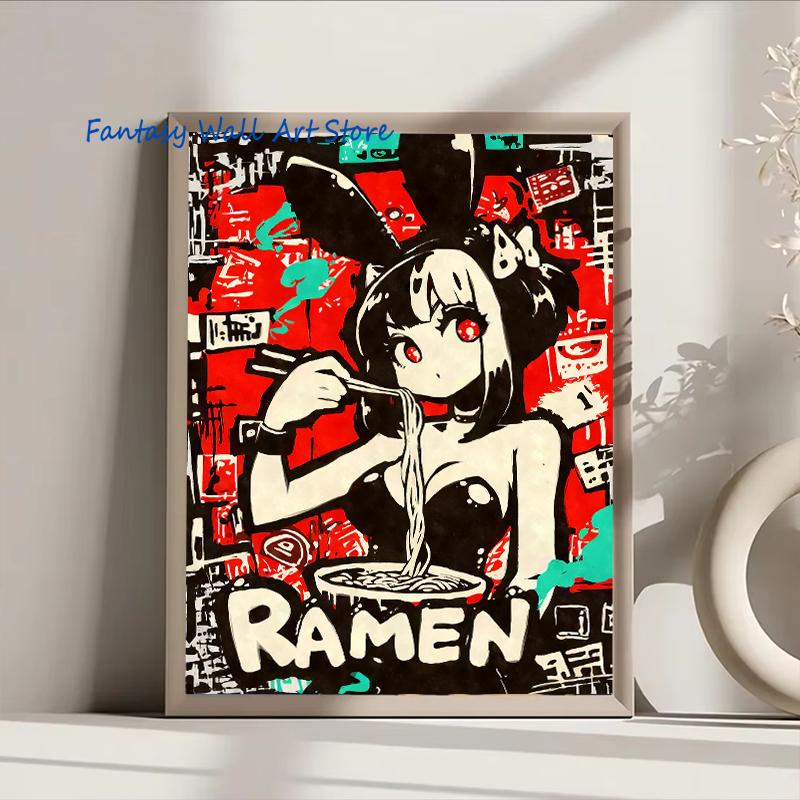 Cat Ear Anime Girl Eating Ramen Poster Aesthetic Anime Ramen Art Prints Japanese Style Cartoon Decor Sexy Girl Canvas Painting