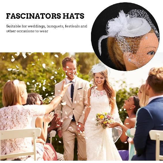 Lurrose Vintage White Plume Flower Pillbox Hat with Veil, Wedding Fascinator Headwear for Women, Cocktail Party and Special Occasion Accessory