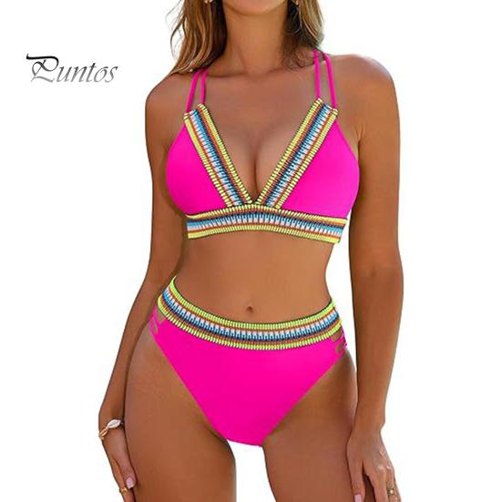 Women High Waisted Bikini Set Color Block Two Piece Swimsuit V Neck Crisscross Back Top Briefs Swimwear for Beach Vacation Pool