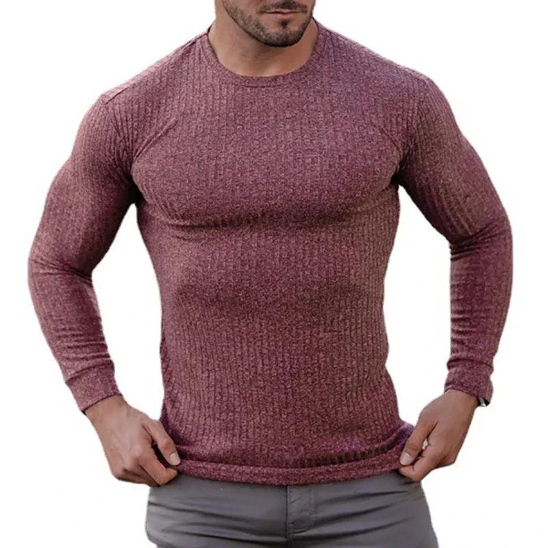 Muscleguys Autumn Running T-shirts Mens Classic Ribbed Knit Jumper Sports Long Sleeved Slim Fit Round Neck Casual Gym Fitness T Shirt