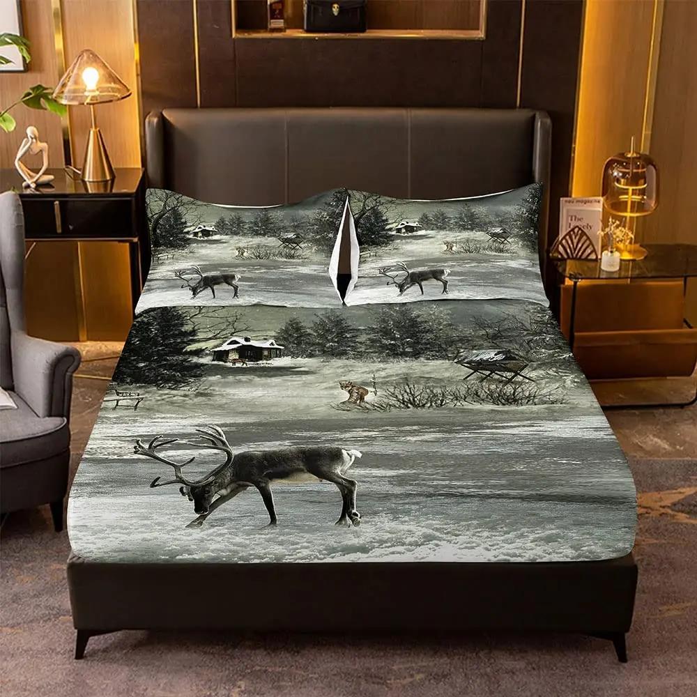 Elk Pattern Fitted Sheet with 2 Pillowcases Forest Deer Wild Animals Bedding Sets Kids Teens Bedroom Bed Cover King Queen Size