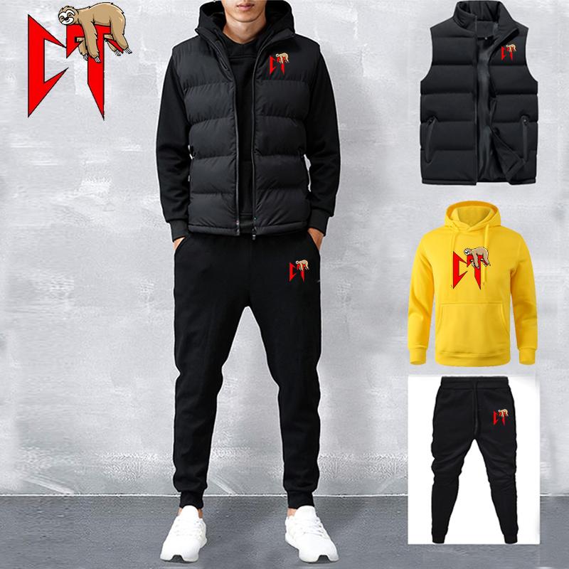 Men's Tracksuit  Vest+Hoodies+Sweatpants Suit Casual Jogger Sportswear 3 Piece Male Fleece Streetwear Sets