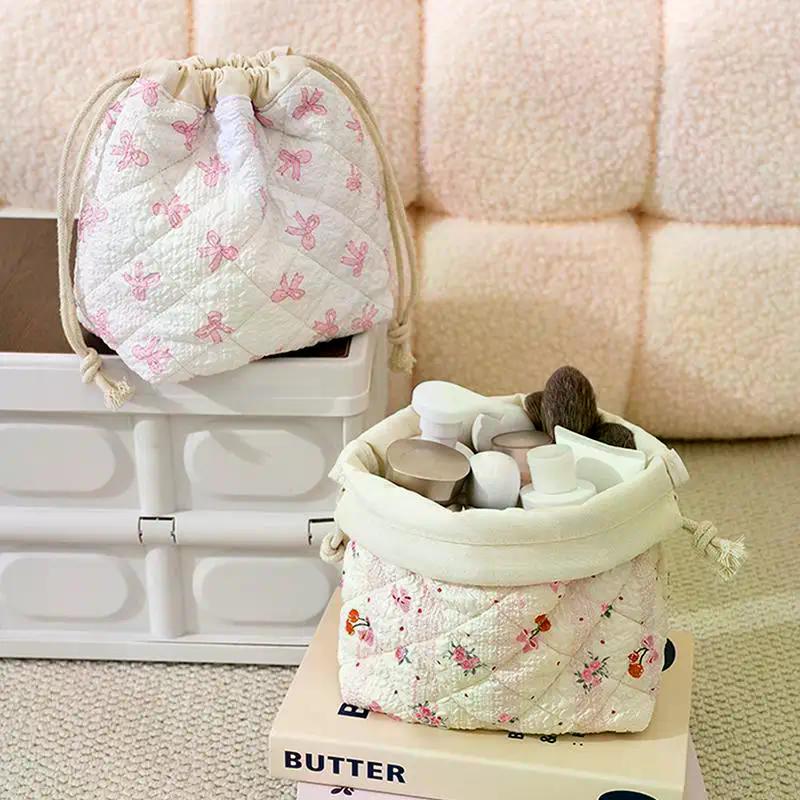 Cotton Quilted Drawstring Makeup Bag, Travel Toiletry Organizer, Cute Drawstring Gift Bag For Women & Girls
