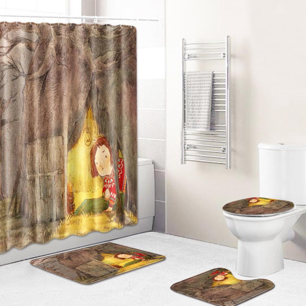 Healing Tree Hole Bathroom Shower Curtain Floor Mat Toilet Cover Foot Mat Four-Piece Pattern Size
