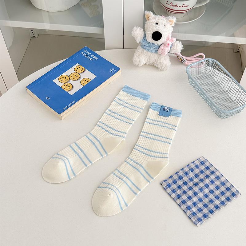 Осенние Мультяшные Милые Щенки Тканевые Бирки Вышитые Носки Хлопковые Носки Полосатые Носки Носки Средней Высоты Спортивные Носки Удобные One size fits all