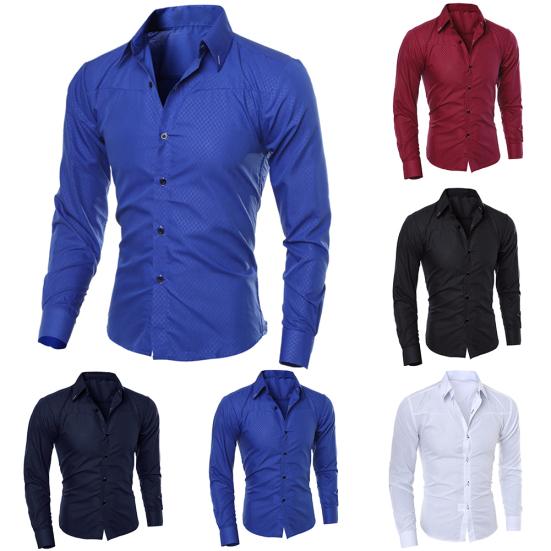 Männer Mode Einfarbig Drehen Unten Kragen Langarm Slim Fit Bluse Shirt Top