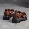 Johnature Versatile Peep Toe Hook & Loop Sandals Retro Genuine Leather Thick Soled Women's Shoes