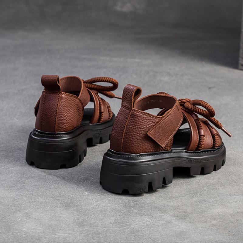 Johnature Versatile Peep Toe Hook & Loop Sandals Retro Genuine Leather Thick Soled Women's Shoes